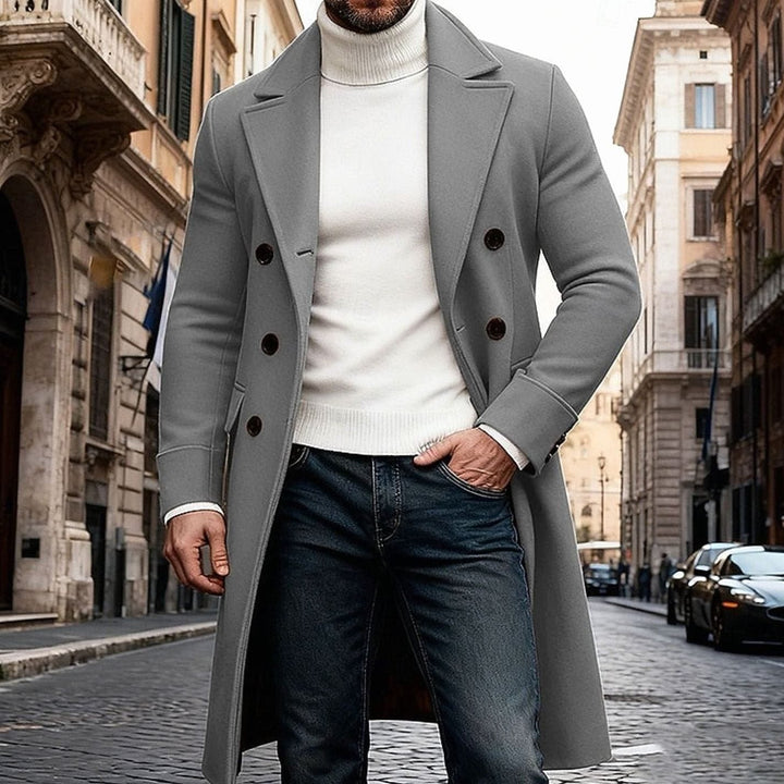 Back view of mens double-breasted long overcoat in tailored fit