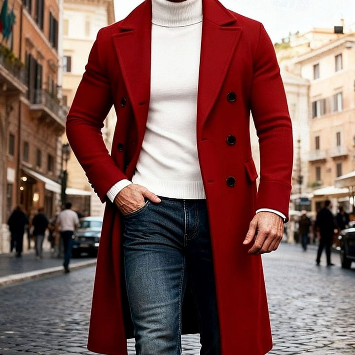 Side profile of tailored fit long coat showing sleek silhouette