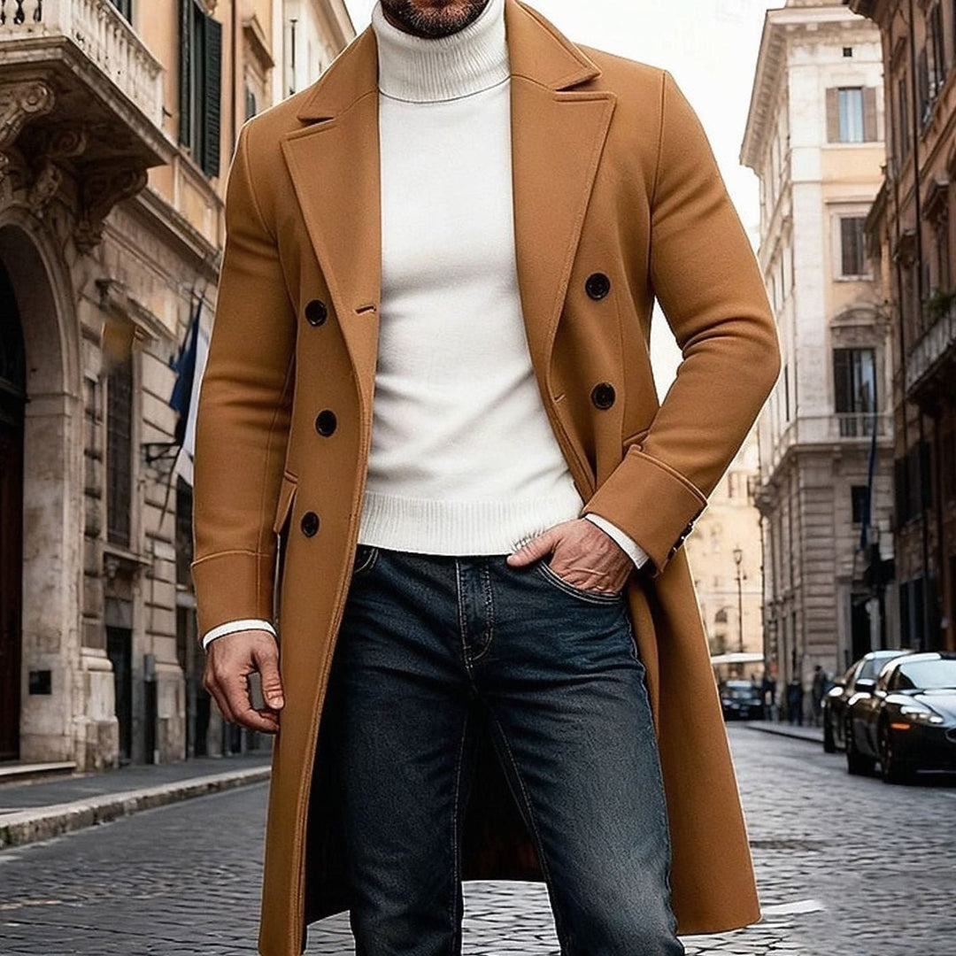 Sleeve cuff and button detail on stylish double-breasted outerwear