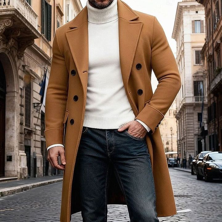 Sleeve cuff and button detail on stylish double-breasted outerwear