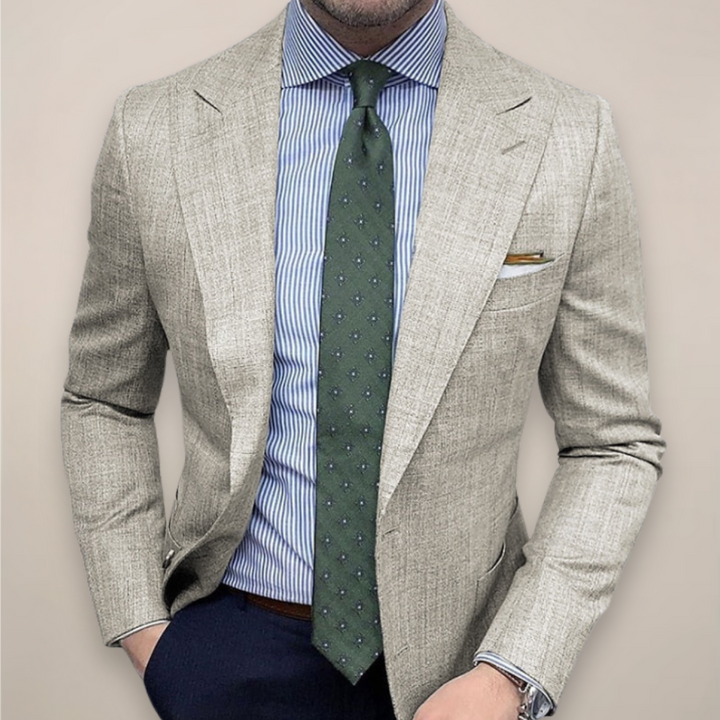 Man wearing Light Grey textured sport coat with striped shirt and green tie