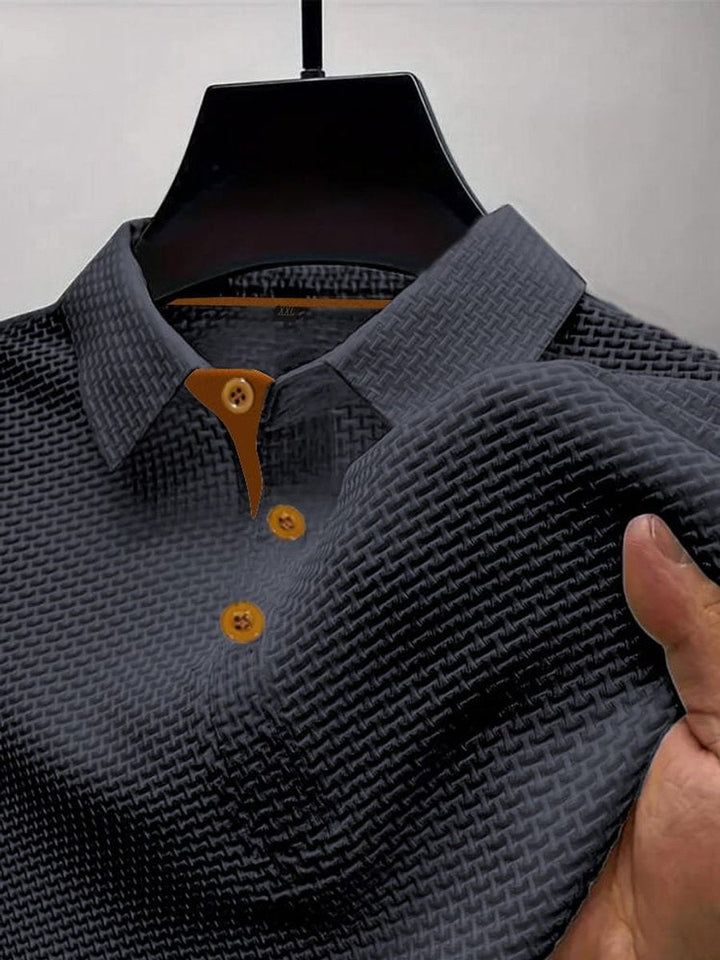 Mens textured woven-pattern short-sleeve polo shirt in smart casual style