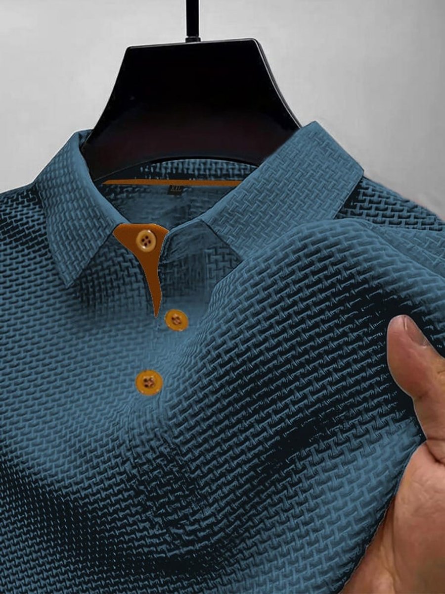 Back view of a mens smart casual textured woven polo shirt for summer