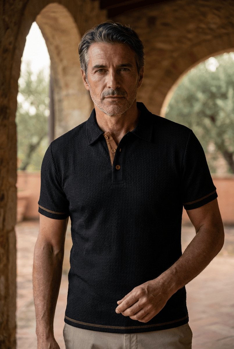 Flat lay of a stylish mens short-sleeve polo shirt with woven-pattern detail