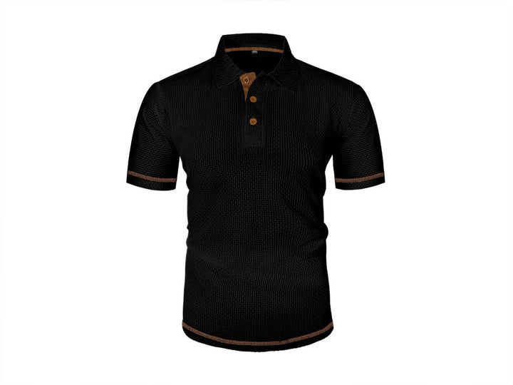 Casual outfit pairing for a mens woven short-sleeve polo shirt