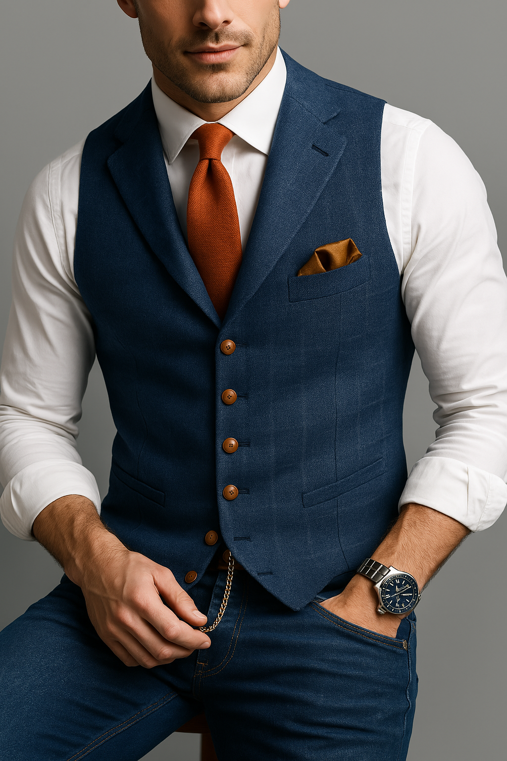 Close-up of a man wearing a blue tweed V-neck waistcoat over a white shirt and orange tie