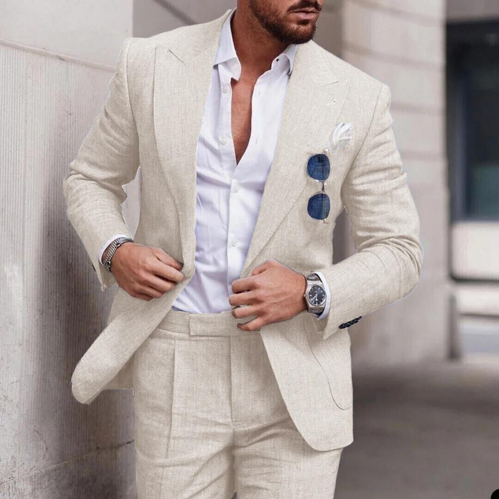 Back view of a lightweight men's two-piece pastel beach wedding suit