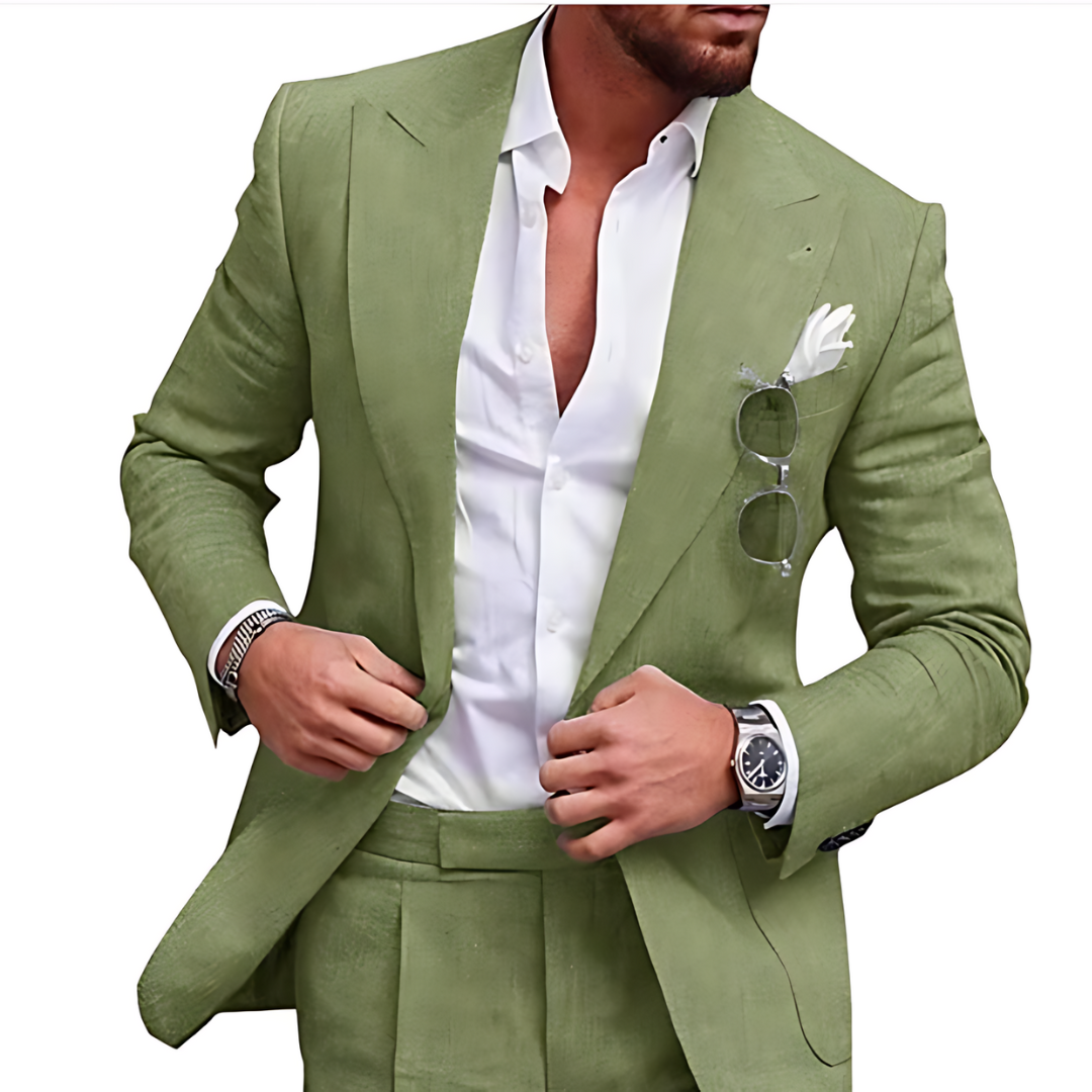 Close-up of the lapel and fabric texture on a summer formalwear jacket