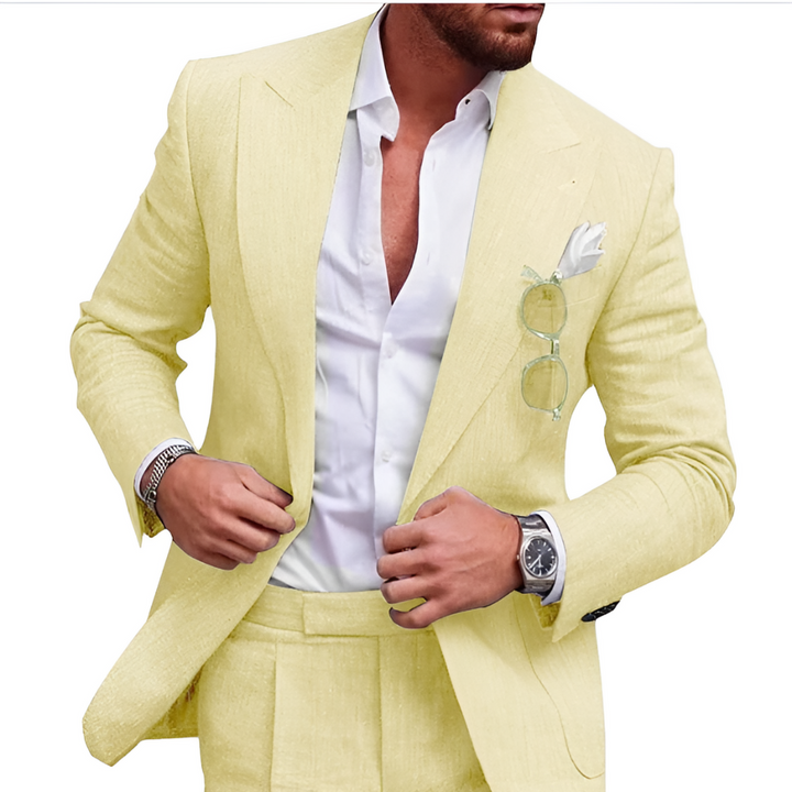 Full outfit shot of a men's summer two-piece suit for tropical weddings