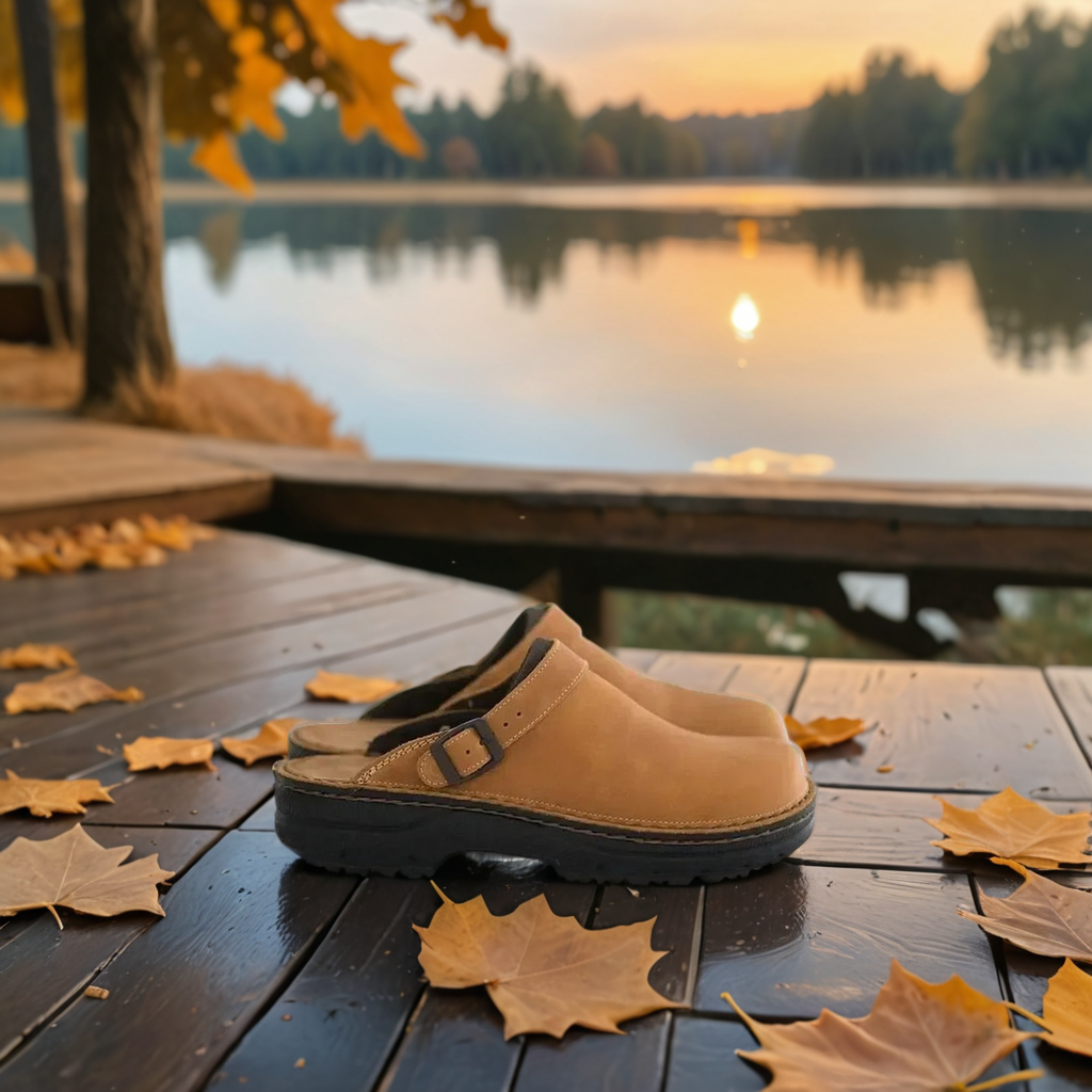 Men's comfort clogs in beige displayed outdoors on a wooden deck with autumn leaves