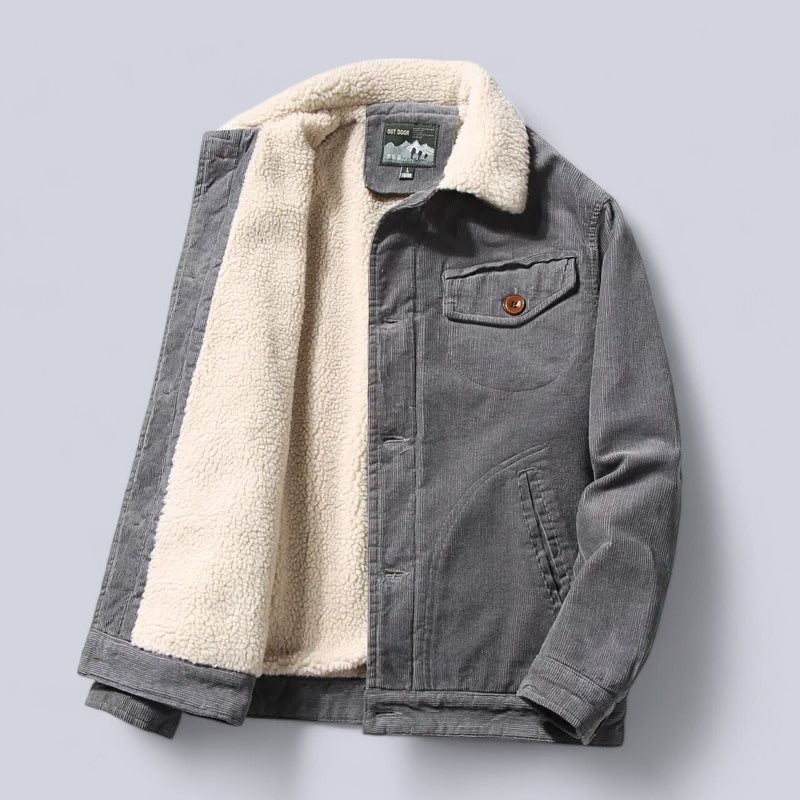 Close-up of textured fabric and collar on mens winter outerwear