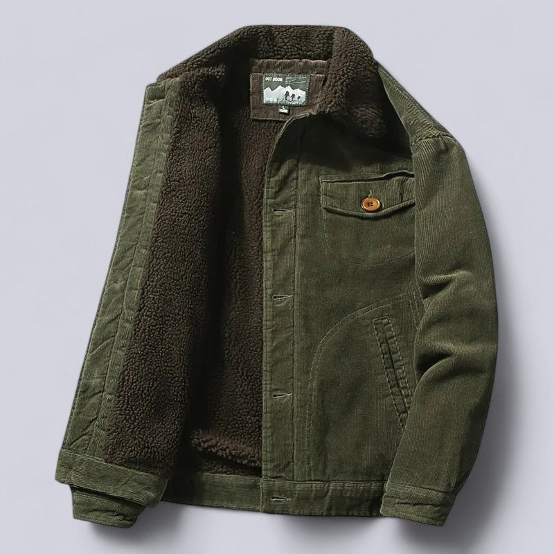 Side view of mens classic textured winter coat showing durable stitching