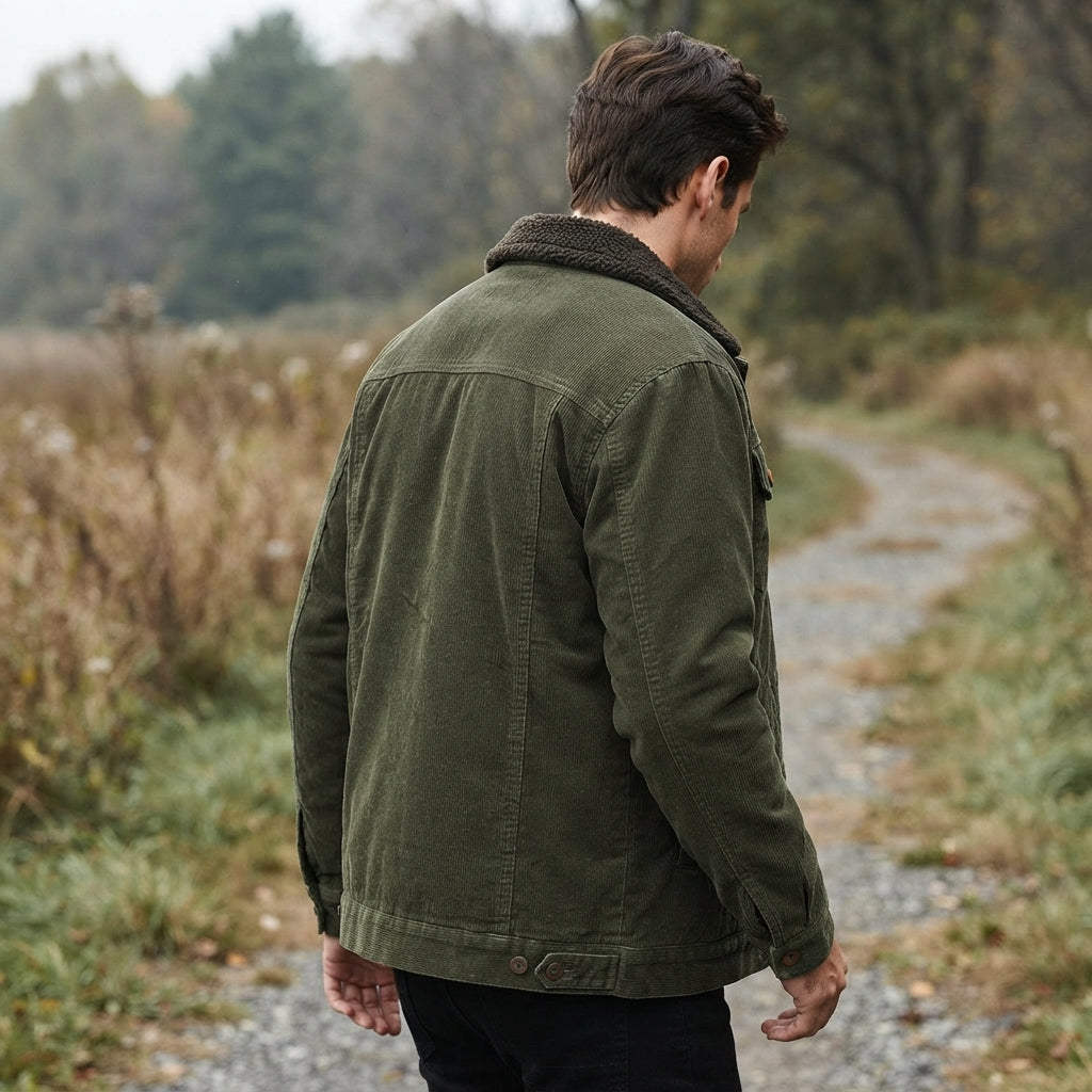 Mens classic textured jacket in green with warm lining and front pockets