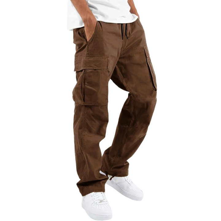 Back view of mens cotton cargo joggers showing rear pocket design