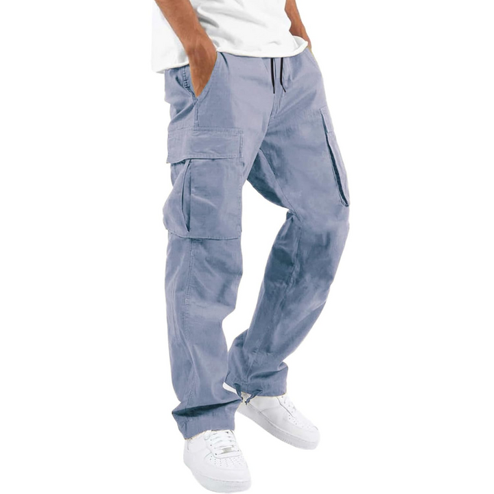Mens cargo joggers Arno in khaki showing side pockets and elastic waist