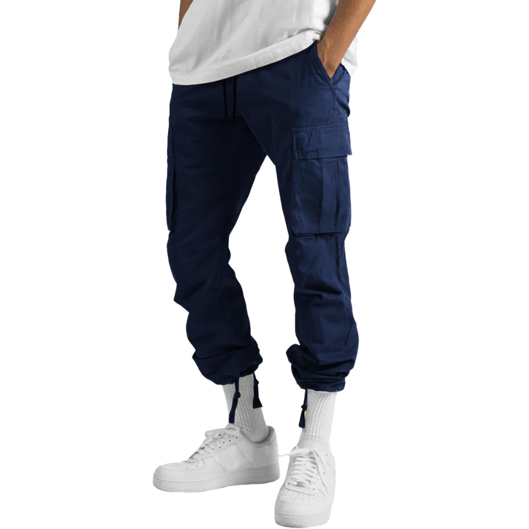 Side profile of mens slim fit cargo trousers showing knee stitching