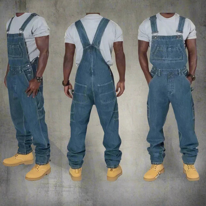 Multiple angles showcasing the relaxed fit and detailed stitching of the denim overalls