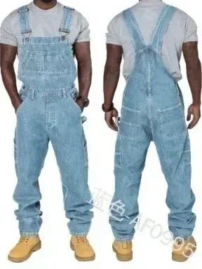 Front and back view of a man modeling blue denim overalls with multiple pockets