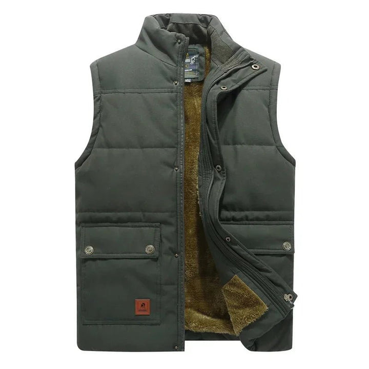 Men's green insulated gilet bodywarmer showing front zipper and pockets