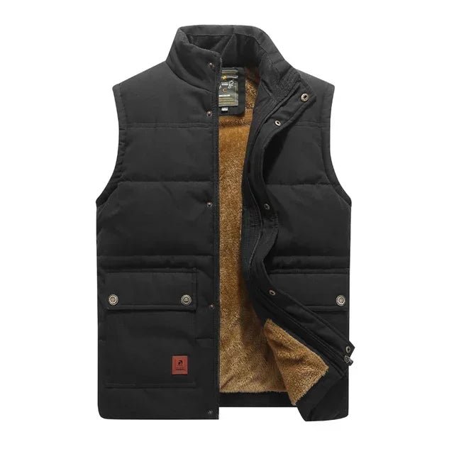 Men's black sleeveless jacket bodywarmer with high collar design