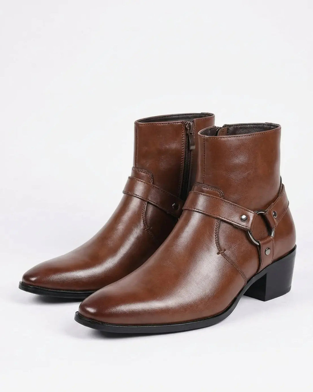 Men's dark brown ankle boots with harness strap and pointed toe