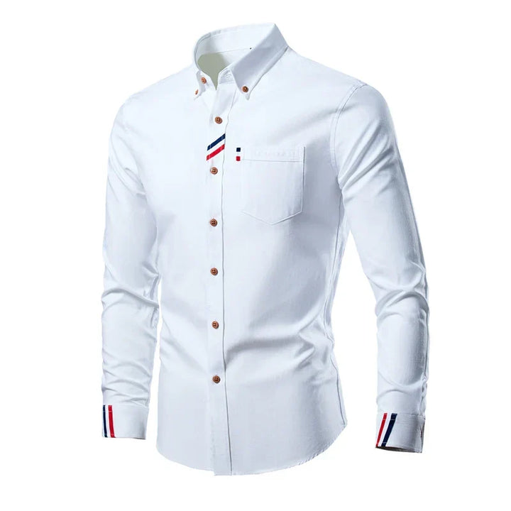 Men's long-sleeve white button-down shirt with contrast details