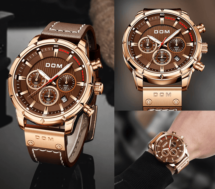 Detailed overhead shot of water resistant mens watch highlighting its dial and bezel design.