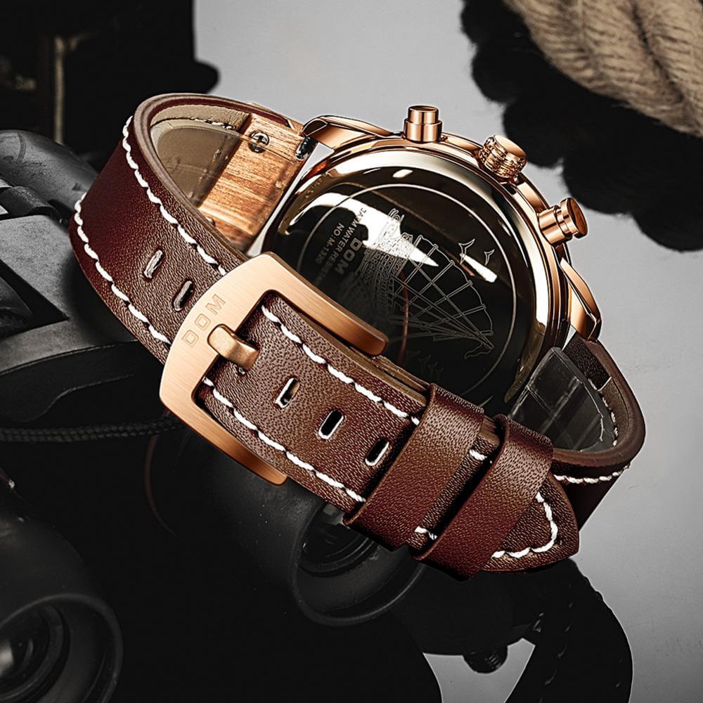 Men's brown rose gold luminous sports watch buckle and strap view