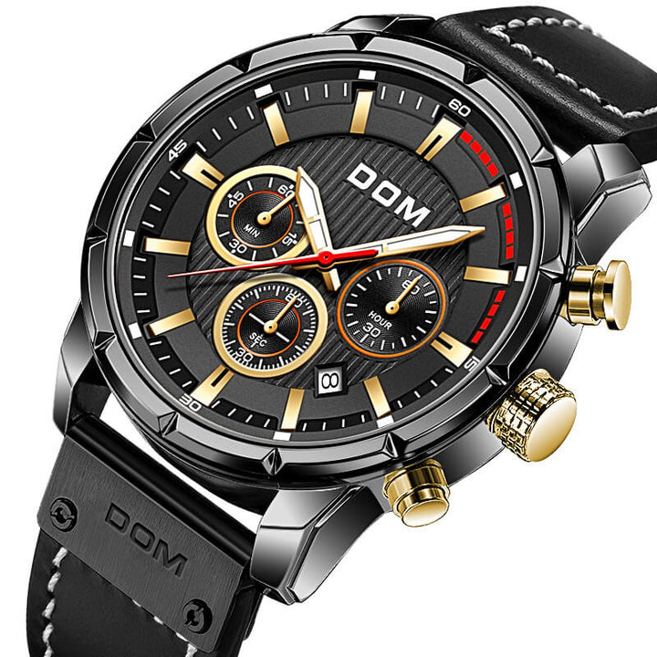 Close up of mens analogue sports watch highlighting the practical date display window on the dial.
