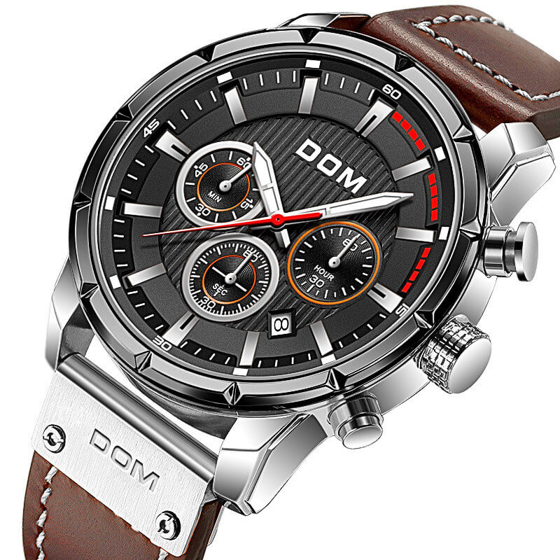 Side angle view of mens sports watch displaying the textured crown and sturdy case construction.