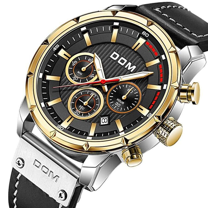 Mens accessories collection focus on a sleek analogue quartz watch with a comfortable wrist strap.