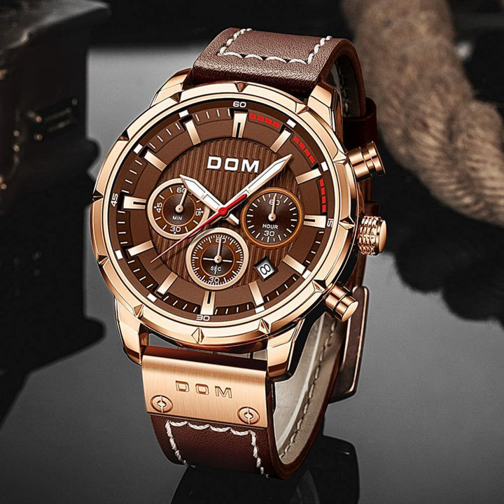 Men's brown rose gold luminous sports watch front angle view