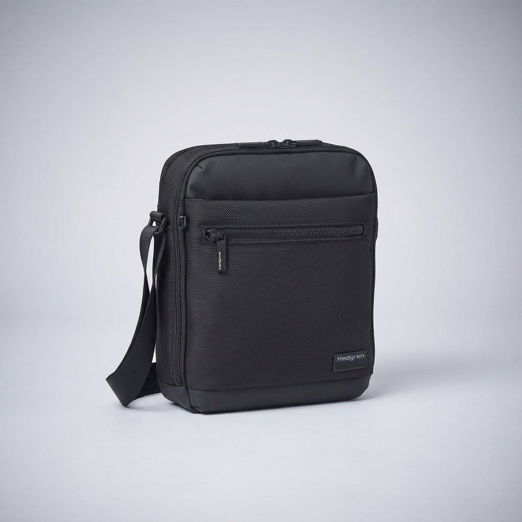 Black men's crossbody messenger bag with adjustable shoulder strap