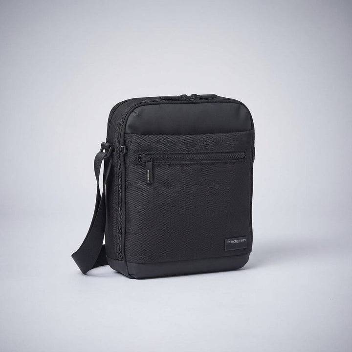 Black men's crossbody messenger bag with adjustable shoulder strap