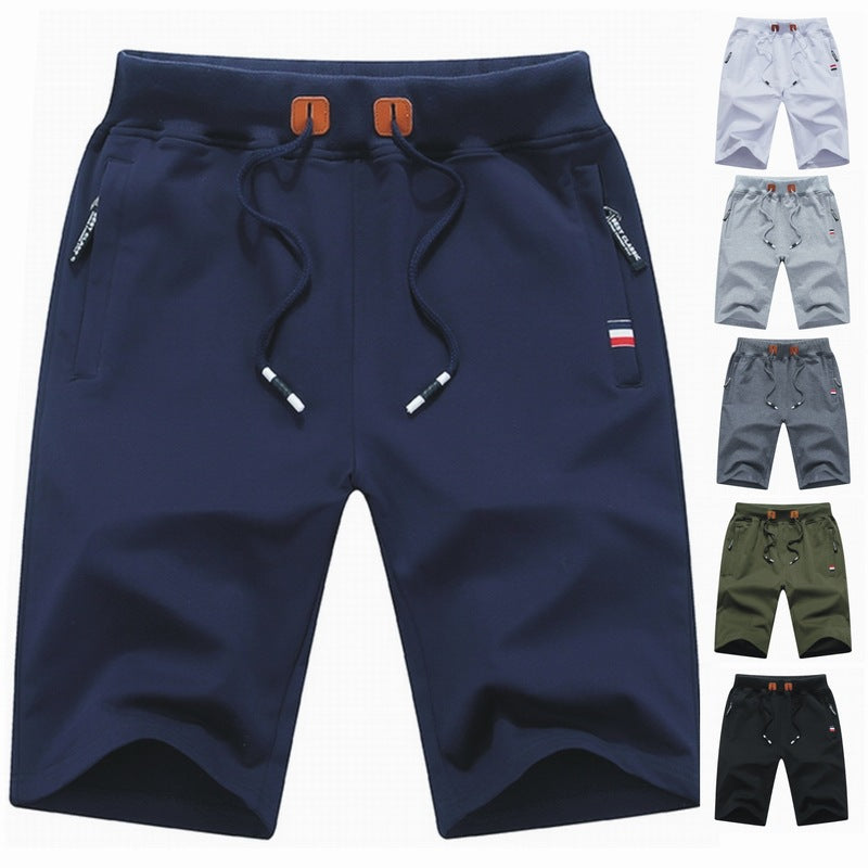 Men's casual drawstring shorts displayed in navy blue with color swatches
