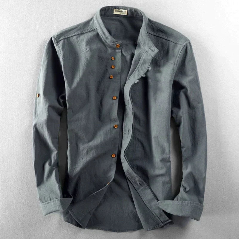 Grey men's long sleeve button-down shirt with cultural design details