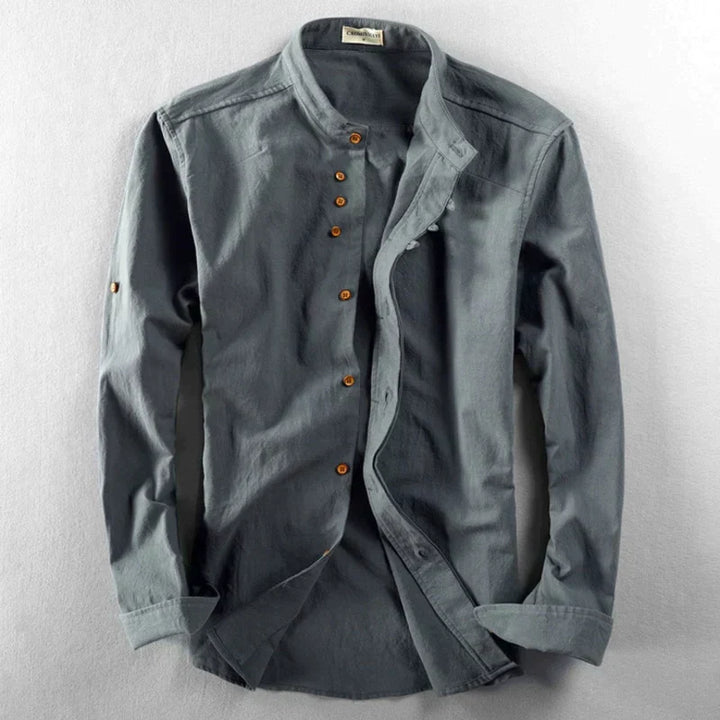 Grey men's long sleeve button-down shirt with cultural design details