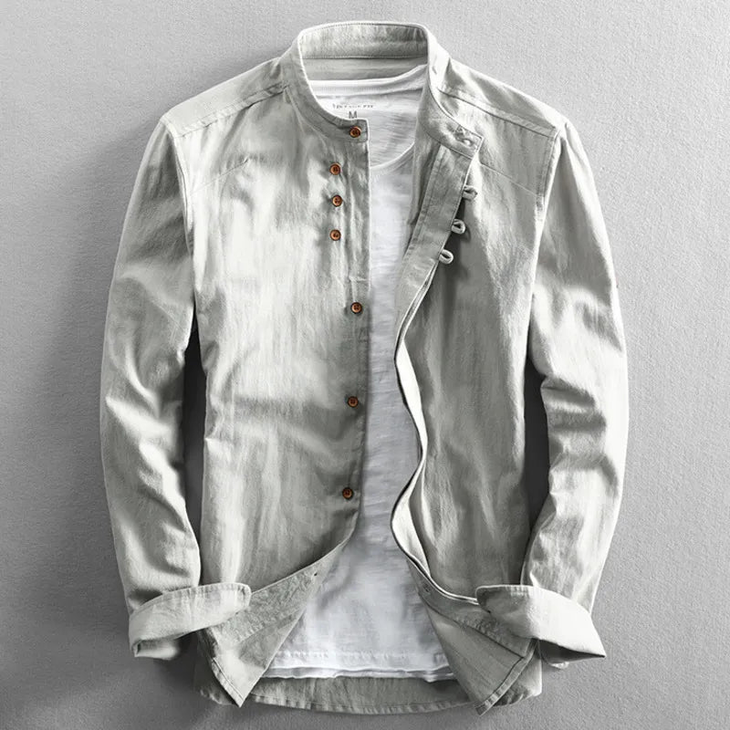 Light grey men's long sleeve shirt layered over a white t-shirt
