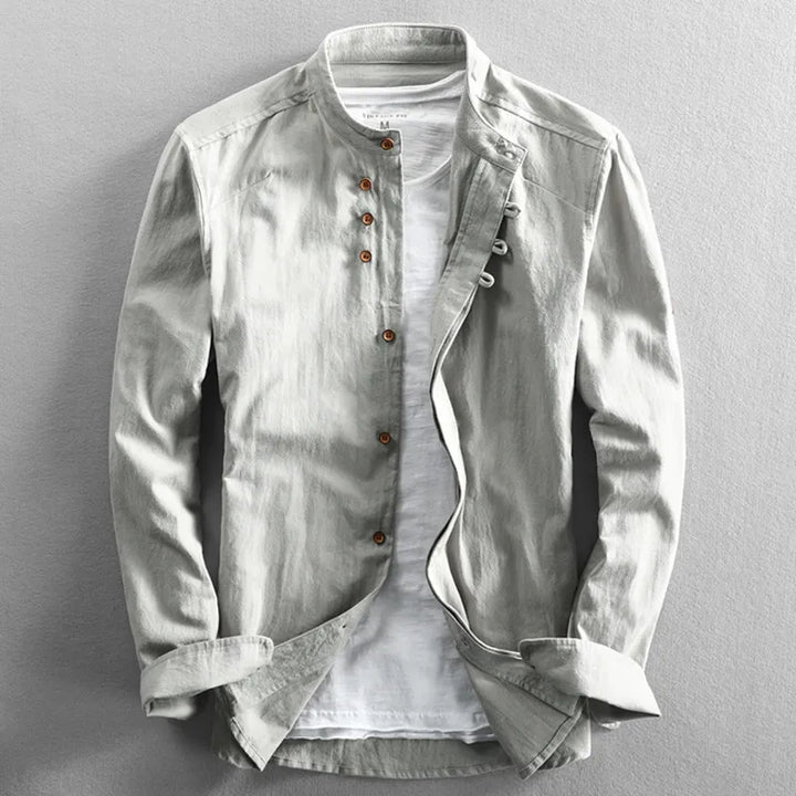 Light grey men's long sleeve shirt layered over a white t-shirt