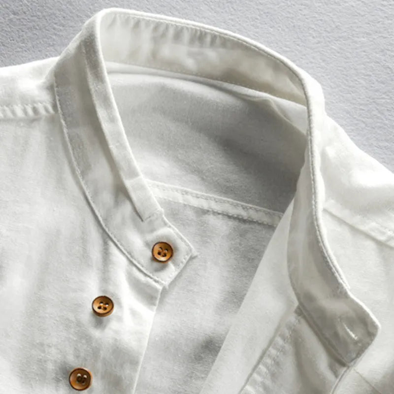 Close-up of mens fashion long sleeve shirt fabric and samurai style button accents