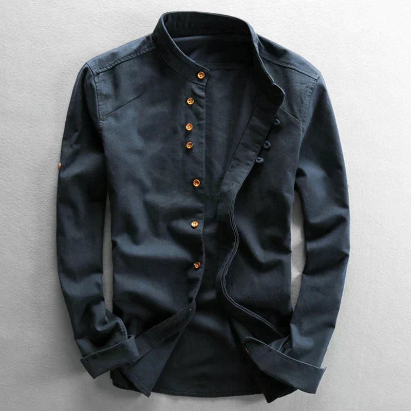 Mens clothing long sleeve casual shirt highlighting unique mandarin collar design