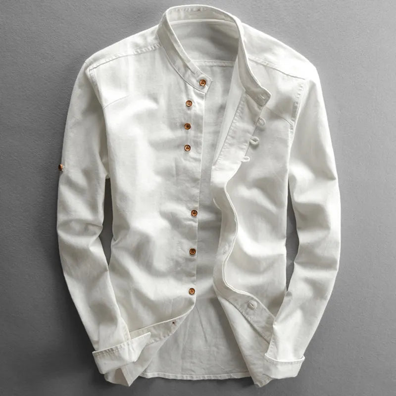 White men's long sleeve button-down shirt with mandarin collar