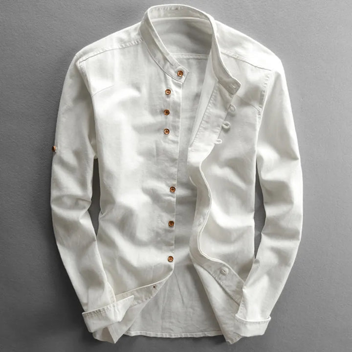 White men's long sleeve button-down shirt with mandarin collar
