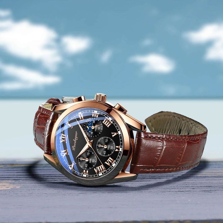 Side profile view of luxury men's analog wristwatch showing crown and case depth