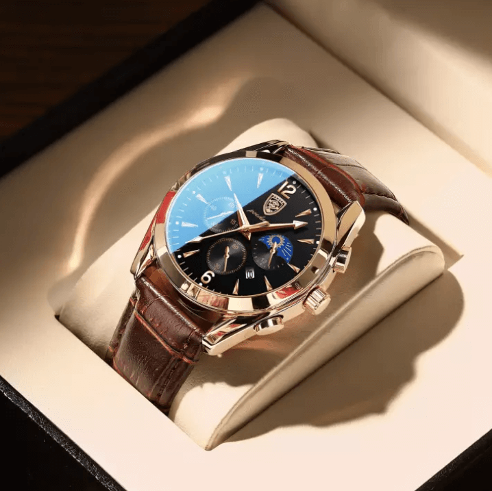 Detailed view of the bezel and numerals on a stylish mens watch