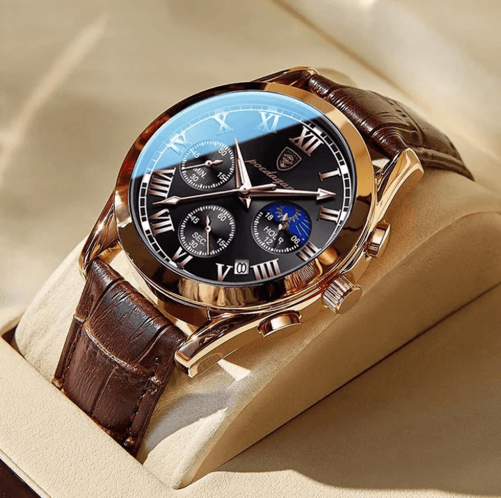Angle view of the luxury men's wristwatch inside a protective display box