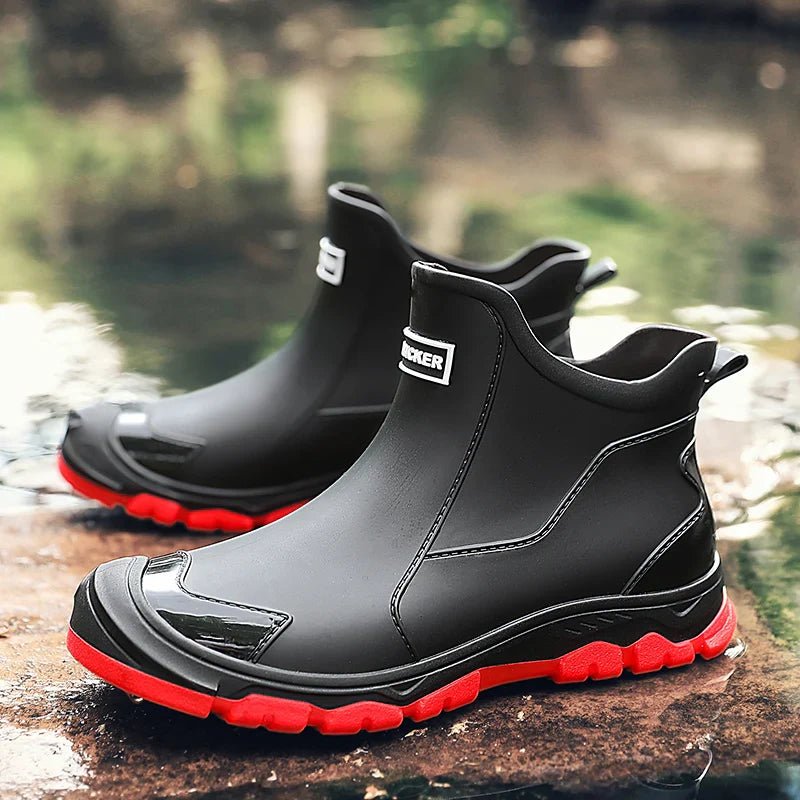 Men's waterproof black ankle boots with red anti-slip sole outdoors