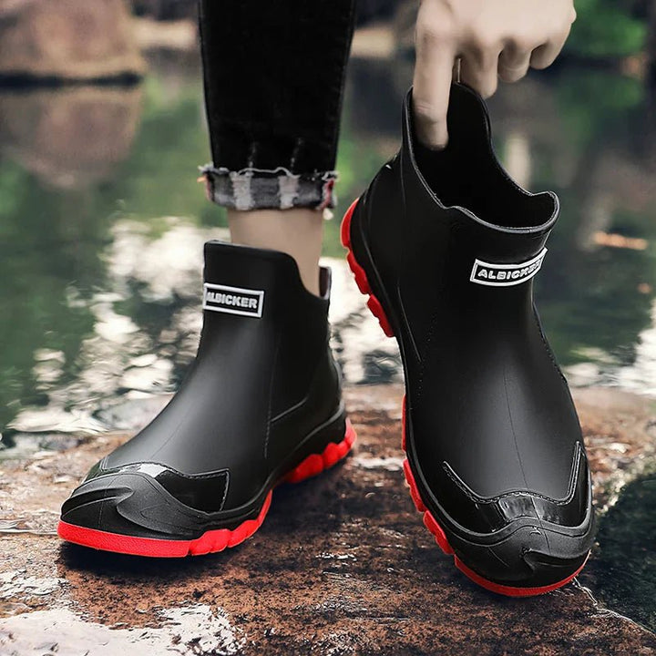Close-up of men's winter footwear showing warm interior lining and laces