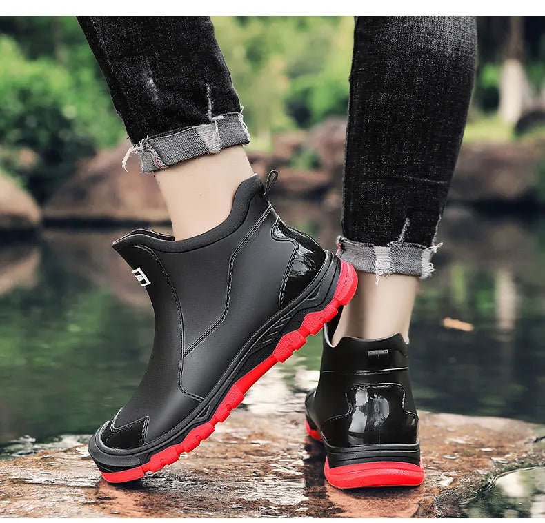 Anti-slip boots for men highlighting tread pattern on the rubber outsole