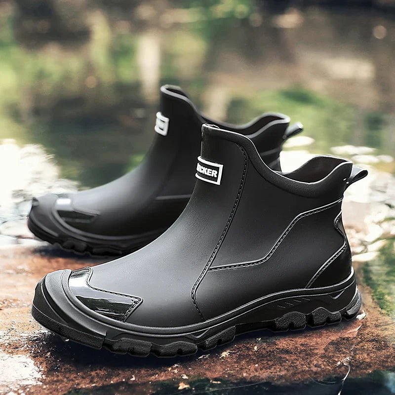 Close-up of black insulated waterproof ankle boots with textured grip sole